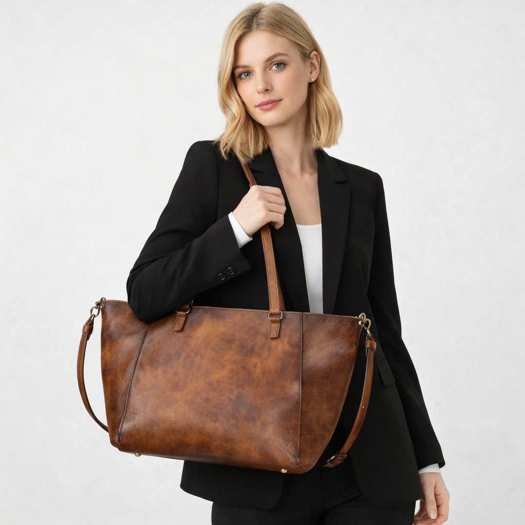 Woman holding a brown leather bag against a white background