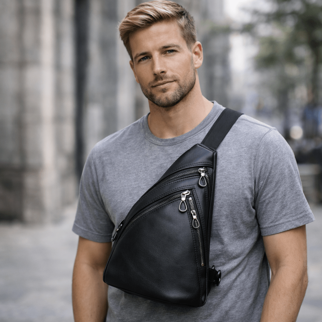 blond european man weraing black chest bag staying on the street