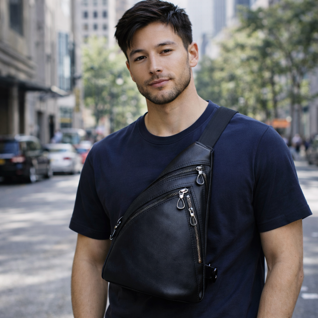 Man wearing a black leather crossbody bag on a city street