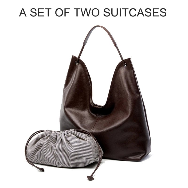 A dark brown leather hobo-style suitcase bag shown with a matching gray striped drawstring pouch on a white background, with the text 'A SET OF TWO SUITCASES' above.