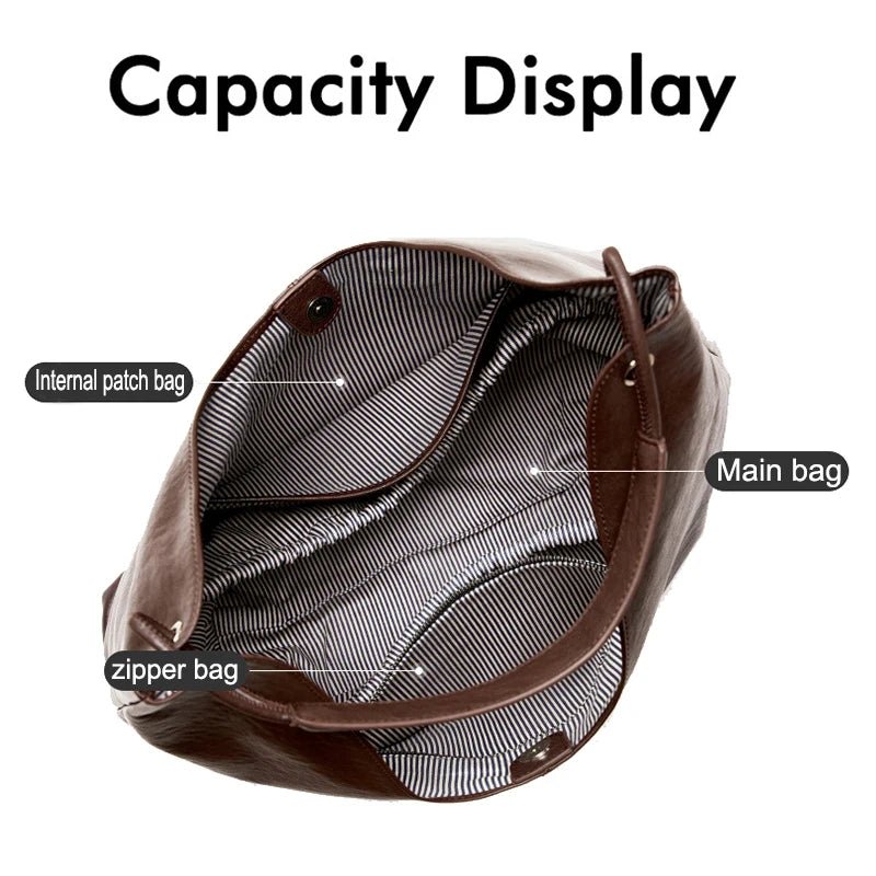 An open brown tote bag shown on a white background with the text 'Capacity Display' and labels pointing to 'Internal patch bag', 'Main bag', and 'zipper bag'.