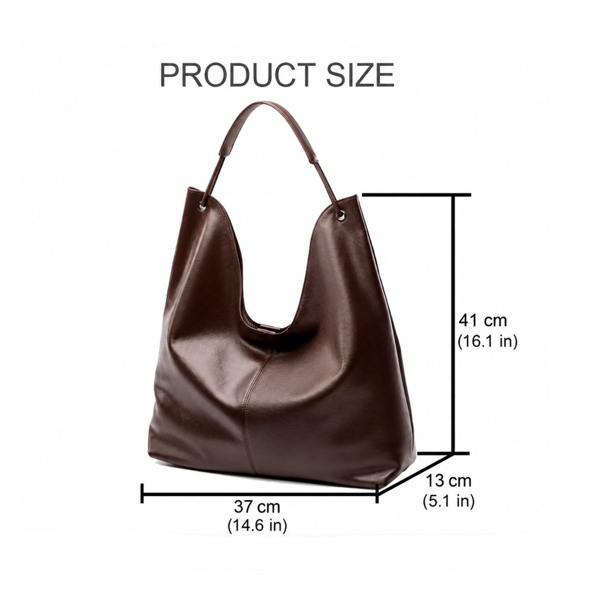 A brown slouchy leather shoulder bag shown with dimension lines and text indicating product size: 37 cm wide, 41 cm tall, and 13 cm deep, on a white background.