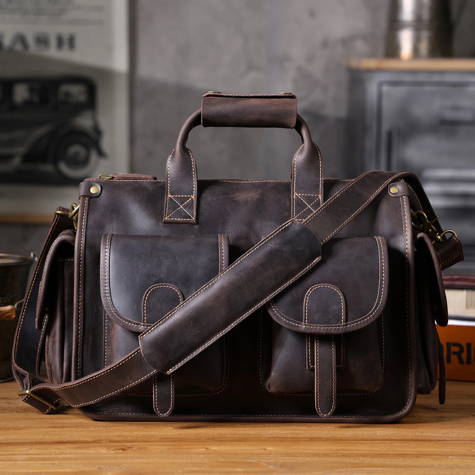 dark brown briefcase 14 inch on a dark background