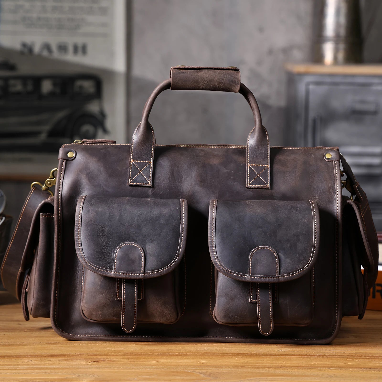 dark brown briefcase 15 inch on a dark background