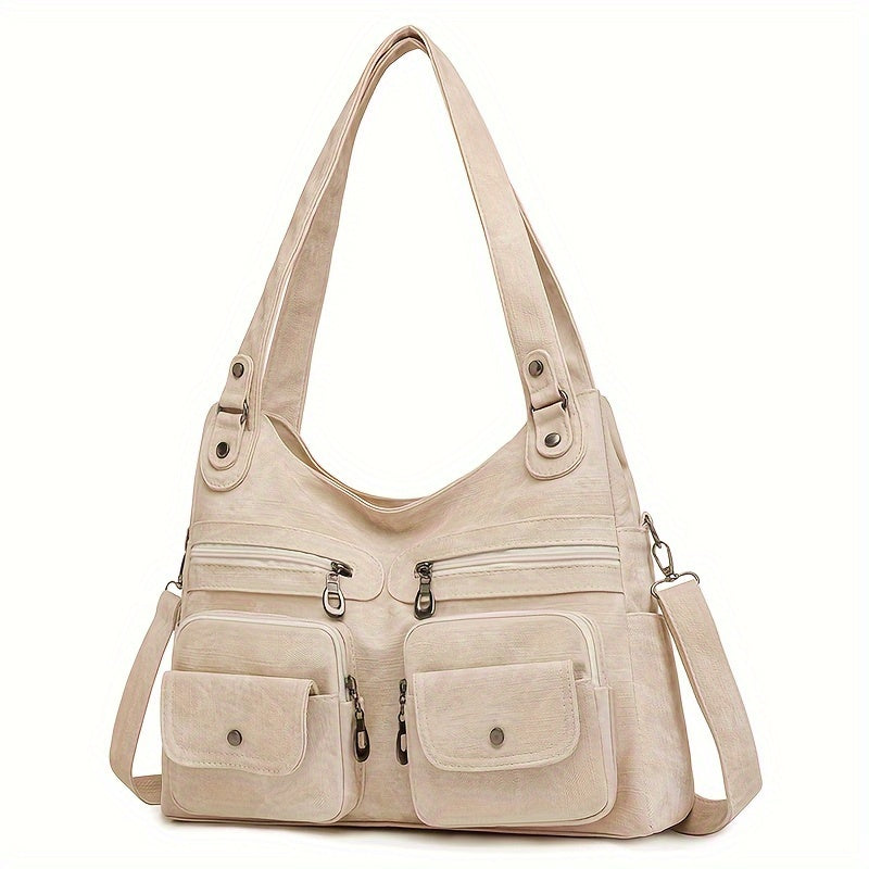 1pc Vintage Style Women's Shoulder Bag with Dual Main Compartments, Faux Leather, Removable Strap, Zip Closure, Polyester Lining, Solid Pattern, for Various Occasions - Available in Black, Beige, Khaki, Grey, Blue