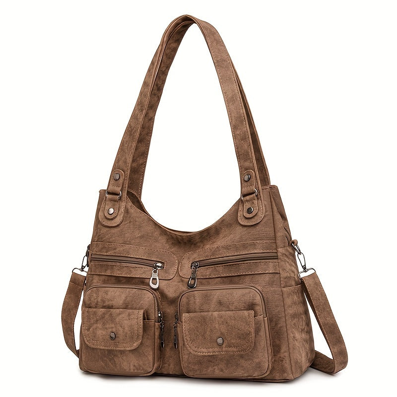 1pc Vintage Style Women's Shoulder Bag with Dual Main Compartments, Faux Leather, Removable Strap, Zip Closure, Polyester Lining, Solid Pattern, for Various Occasions - Available in Black, Beige, Khaki, Grey, Blue