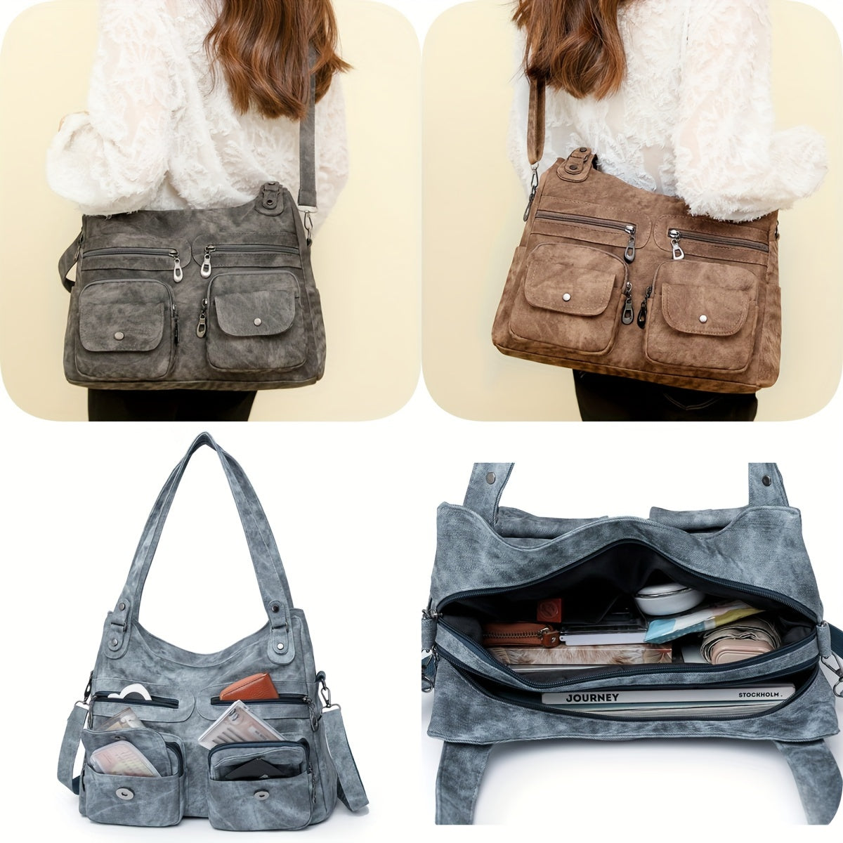 1pc Vintage Style Women's Shoulder Bag with Dual Main Compartments, Faux Leather, Removable Strap, Zip Closure, Polyester Lining, Solid Pattern, for Various Occasions - Available in Black, Beige, Khaki, Grey, Blue