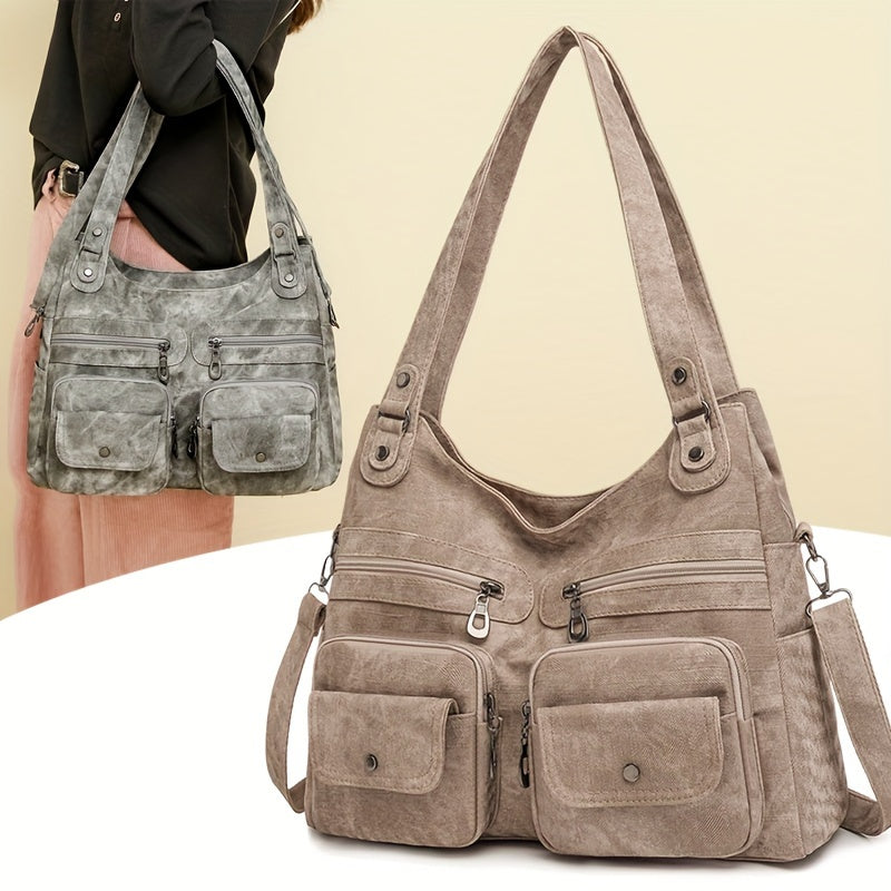 1pc Vintage Style Women's Shoulder Bag with Dual Main Compartments, Faux Leather, Removable Strap, Zip Closure, Polyester Lining, Solid Pattern, for Various Occasions - Available in Black, Beige, Khaki, Grey, Blue