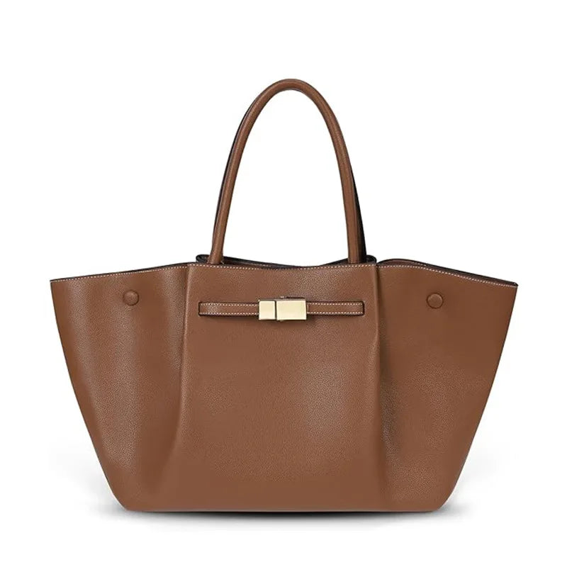 Brown leather tote bag with structured design and detachable shoulder strap