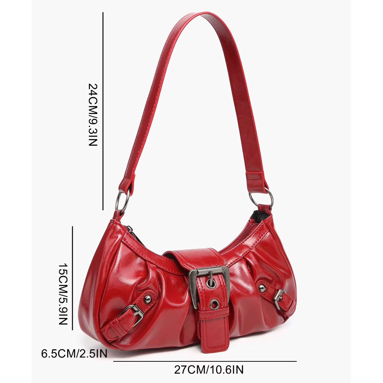 Red Y2K-style PU leather shoulder bag with buckle detail and dimensions labeled in cm and inches.