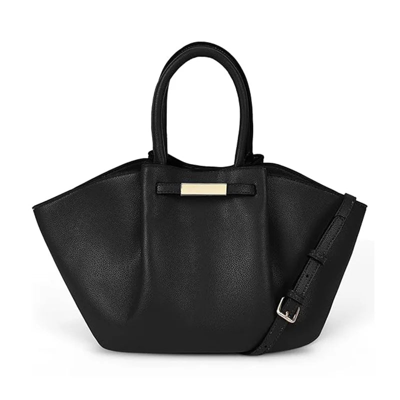 small black leather tote bag with structured design and detachable shoulder strap