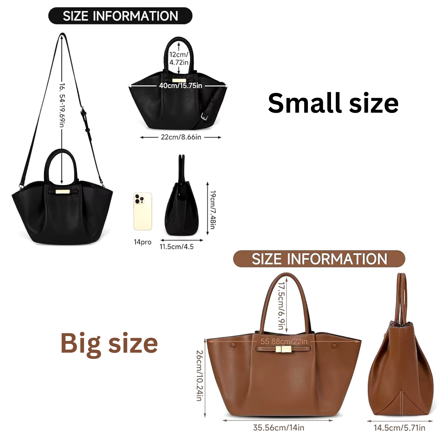 Size comparison chart of small and large tote bags with measurements