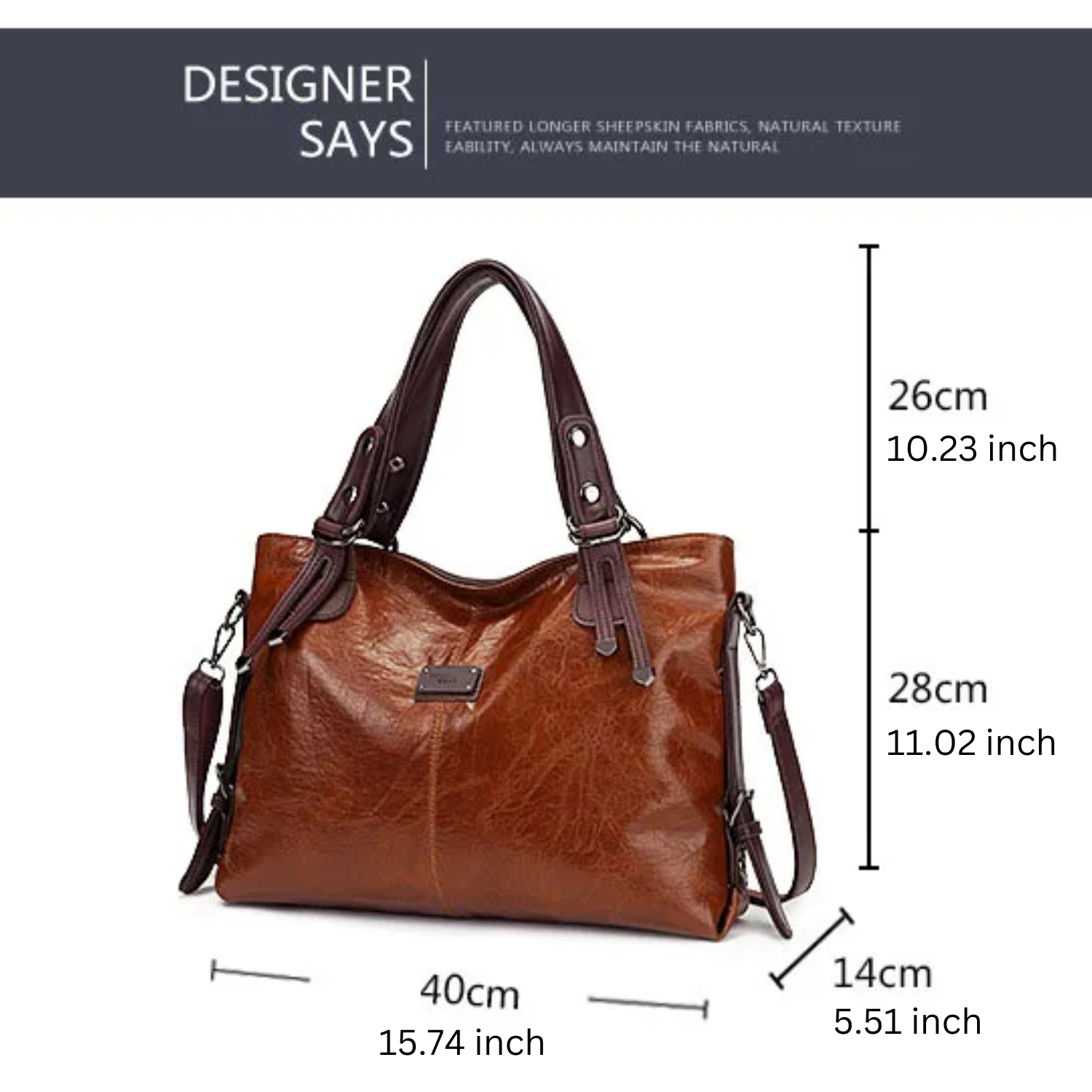 Vintage brown leather tote bag with dark brown handles, displaying detailed size measurements in centimeters and inches.