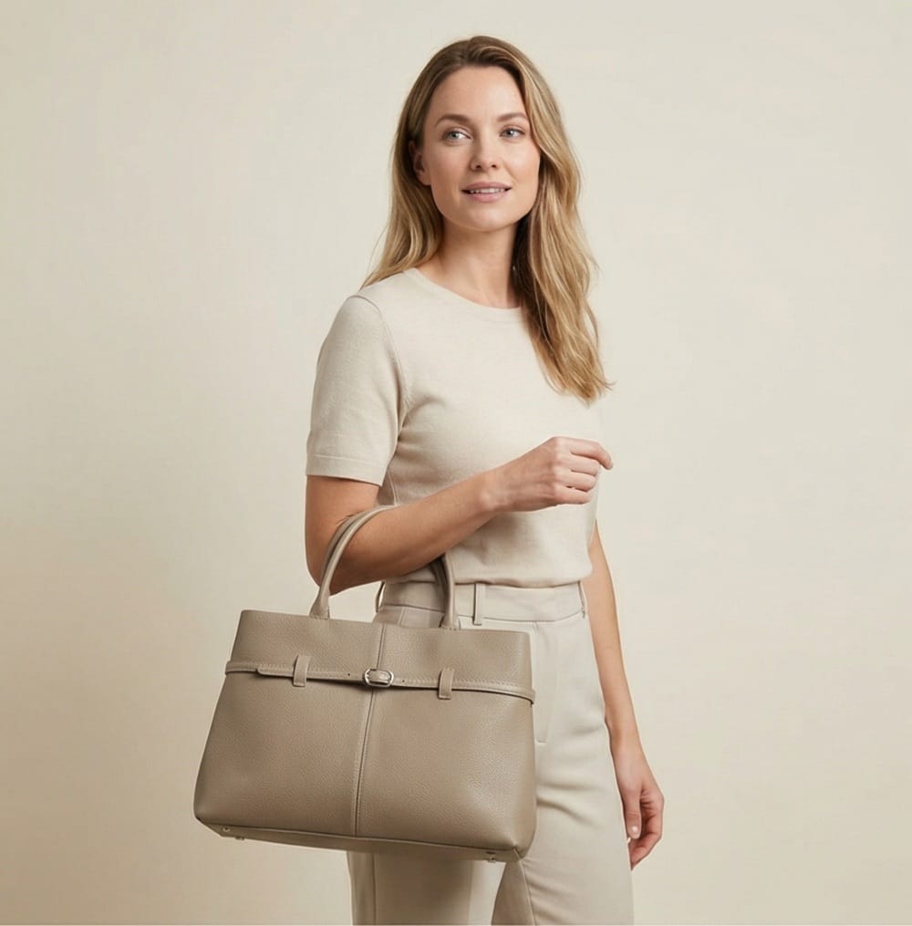 Stylish Cowhide Leather Tote Bag – Large Capacity Lichi Pattern