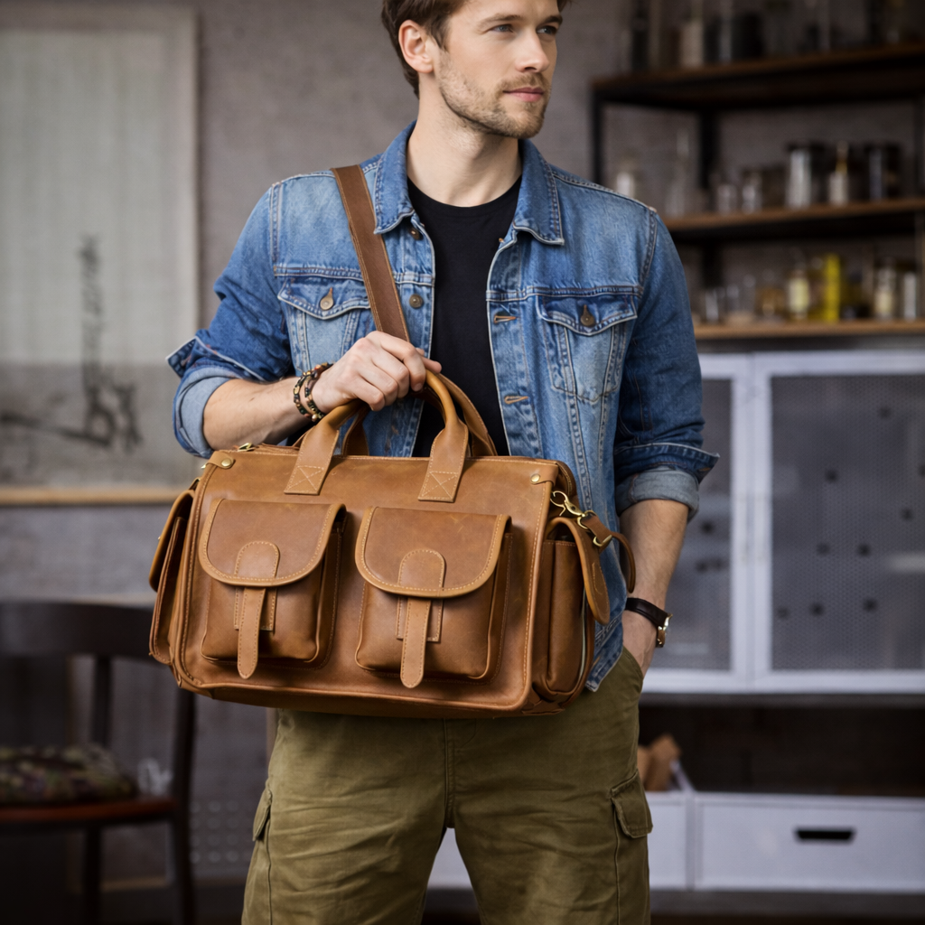 white man holding light brown leather briefcase