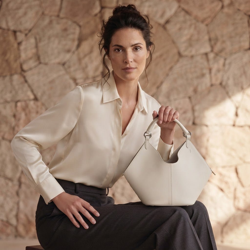Woman wearing a cream blouse and dark trousers, holding a cream leather crescent handbag with a curved top handle against a natural stone wall.