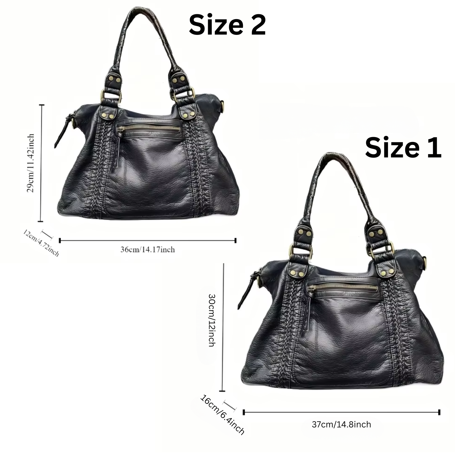Size comparison chart for black Y2K leather shoulder bag with dimensions