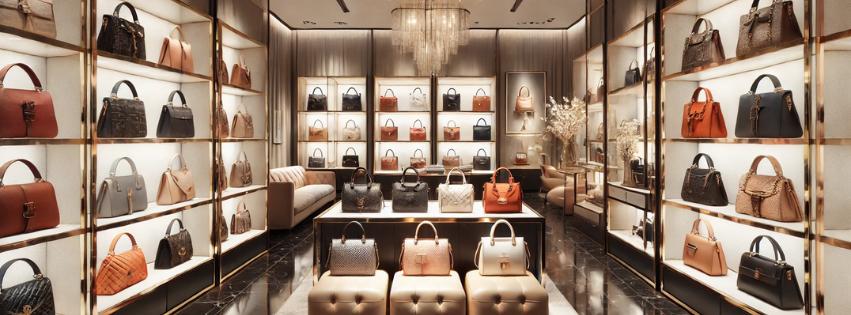 Retail display shelf with handbags, including totes, crossbody purses, and shoulder bags. 'Trending Now' sign above. Modern, well-lit store layout with a neutral color scheme.