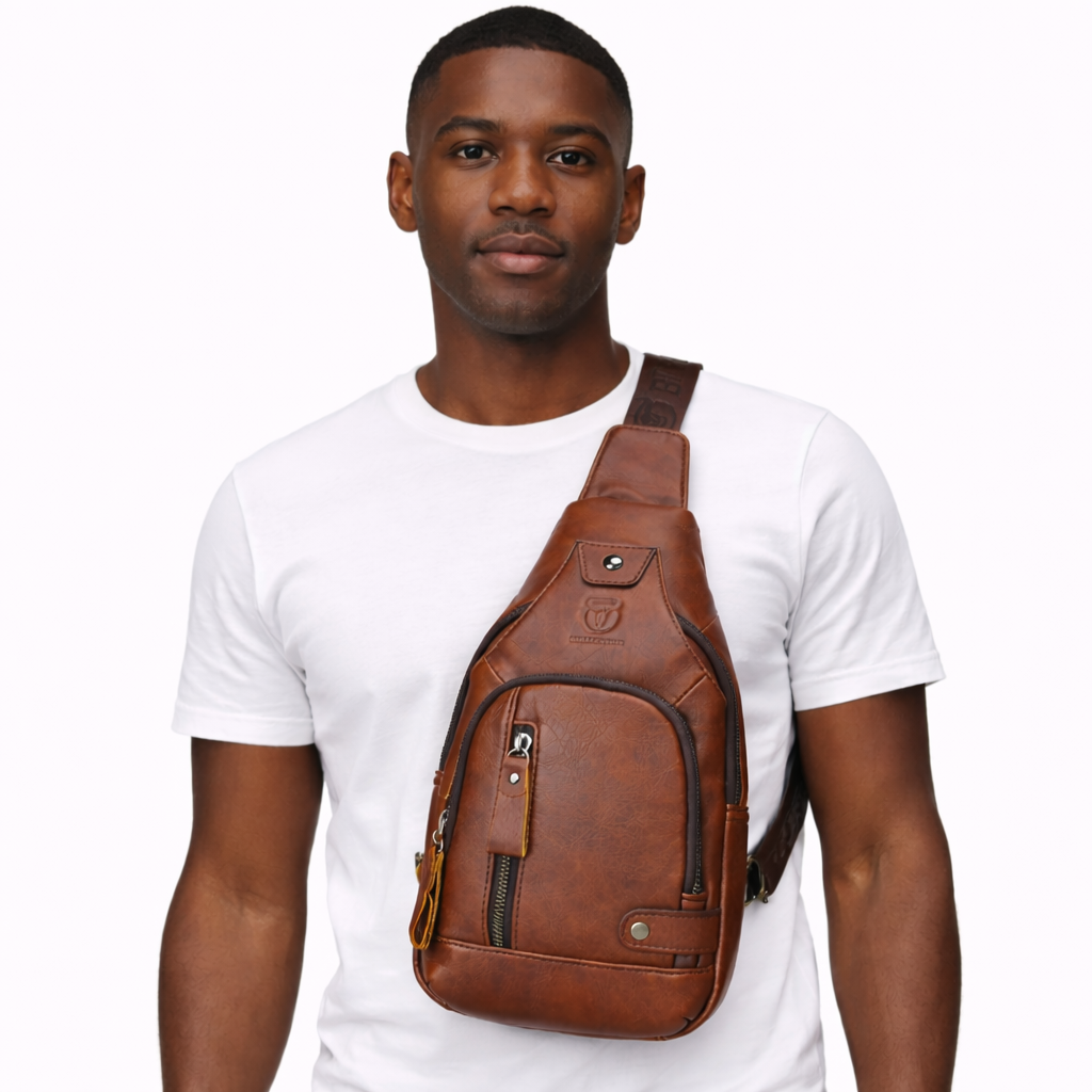 black man with a shoulder bag on a white background