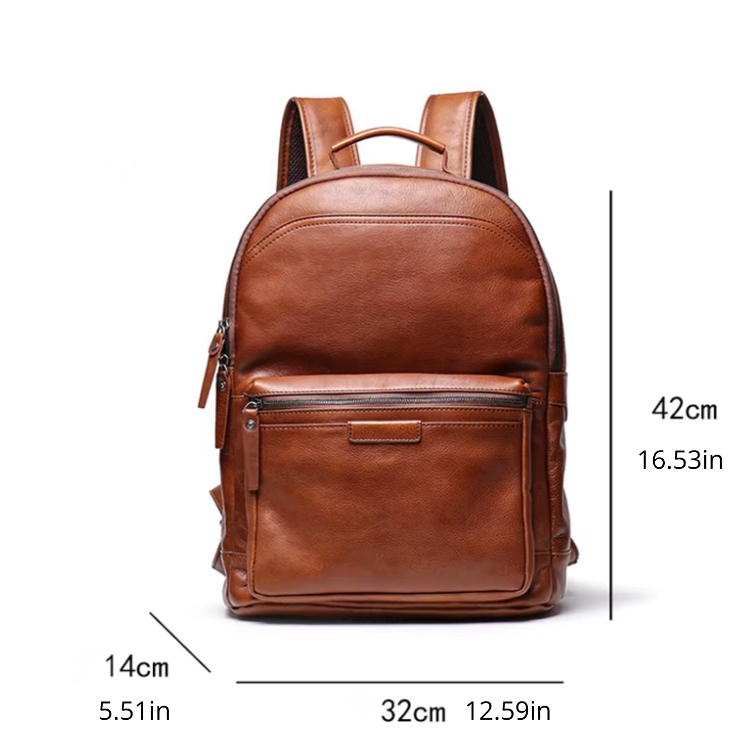 Brown leather backpack with measurements on a white background