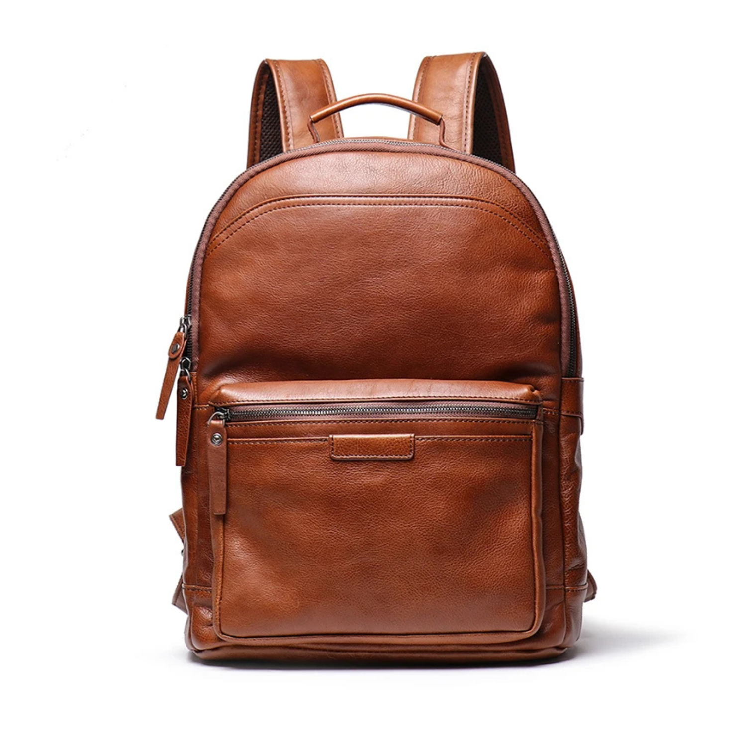 Brown leather backpack on a white background