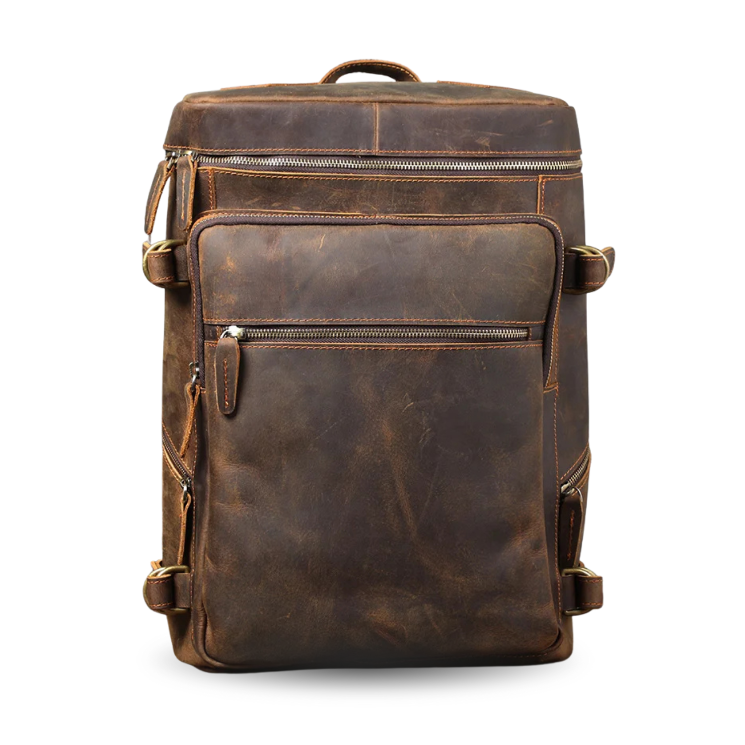 Brown leather backpack on a white background