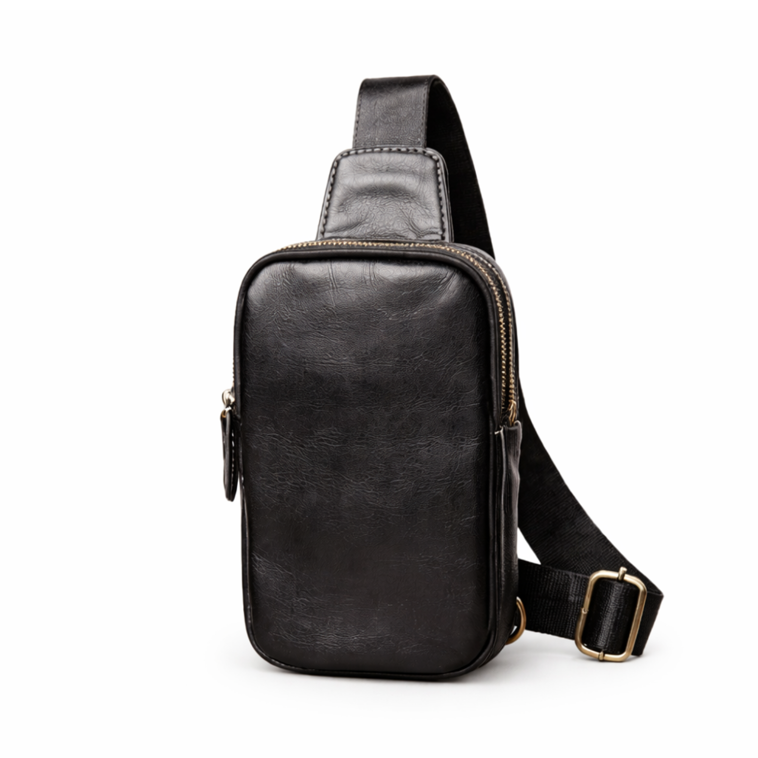 Black leather sling bag on a white background