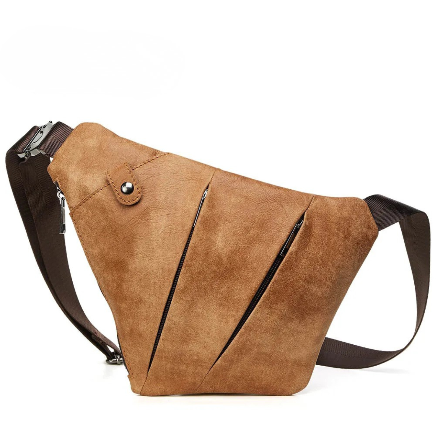 Brown suede sling bag with a strap on a white background