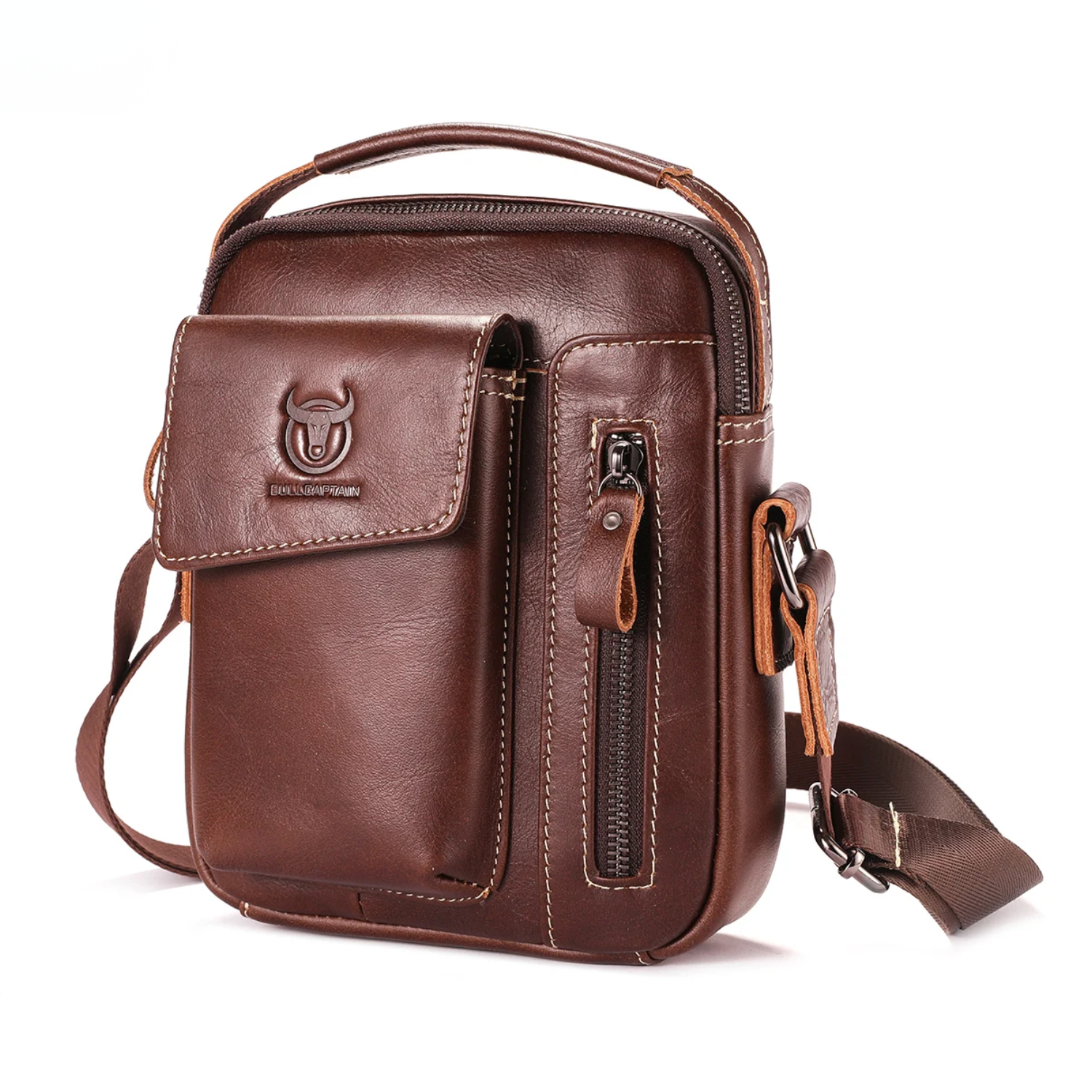 Brown leather crossbody bag with visible brand logo on a white background