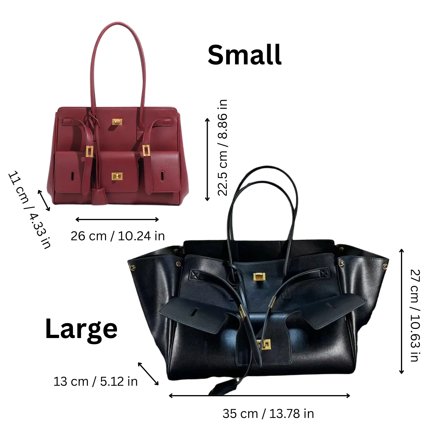 Size comparison of luxury genuine leather tote bags – Small (26cm) vs Large (35cm) with dimensions shown. Elegant and spacious women’s handbag.