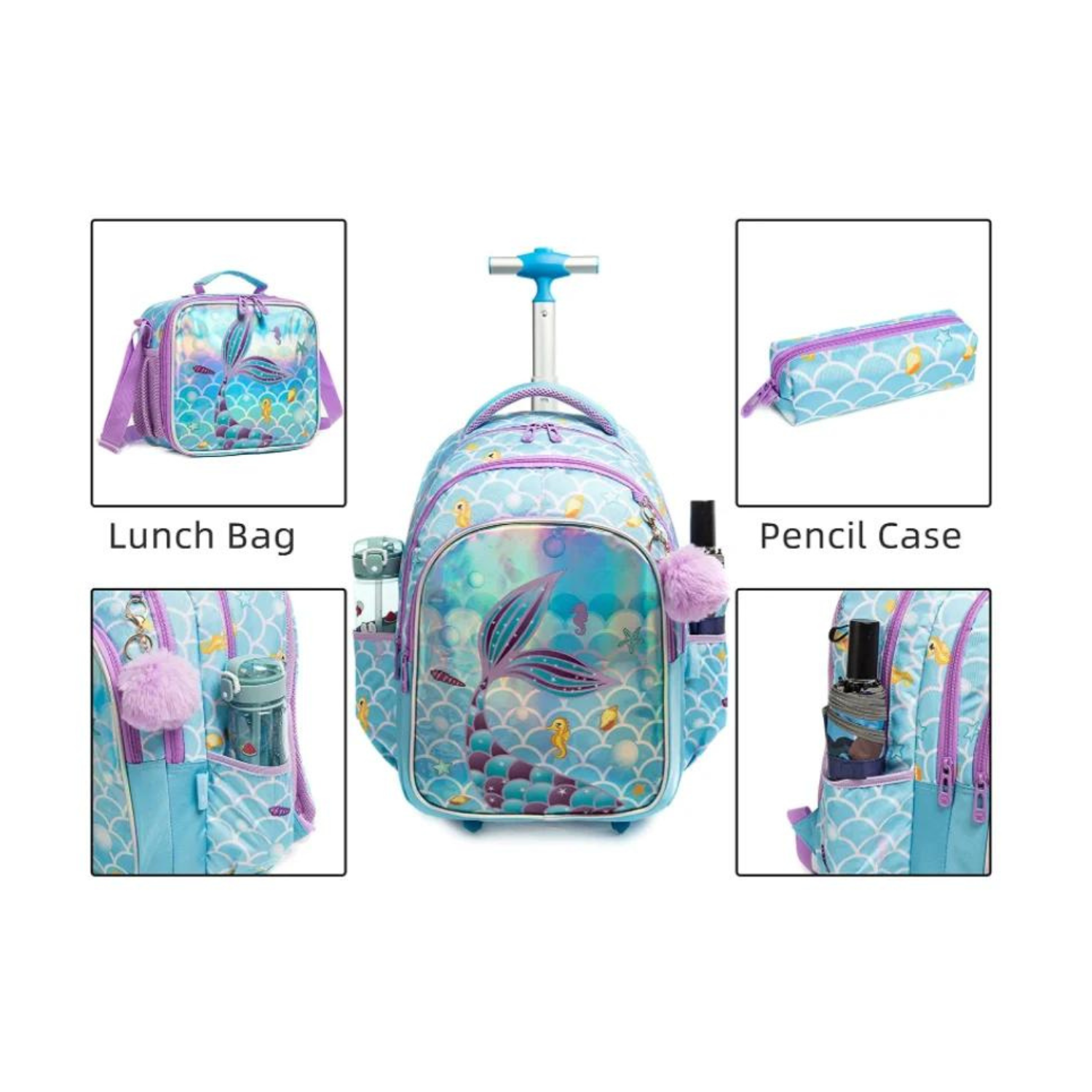 Mermaid-Themed Rolling Backpack Set with Lunch Bag and Pencil Case