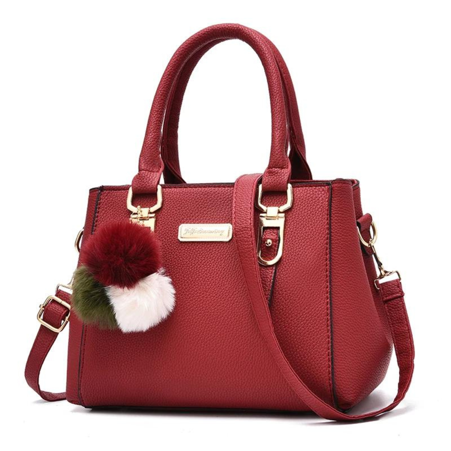 Elegant Wine-Red Tote with Pom-Pom Charm