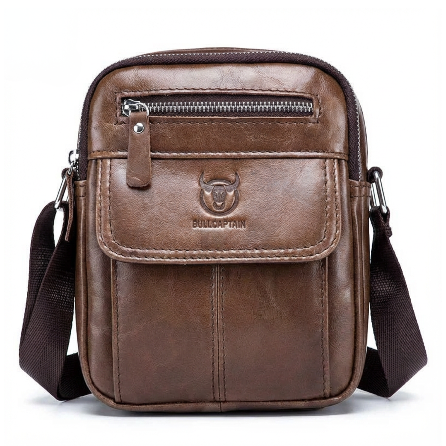 Brown leather crossbody bag with visible brand logo on a white background