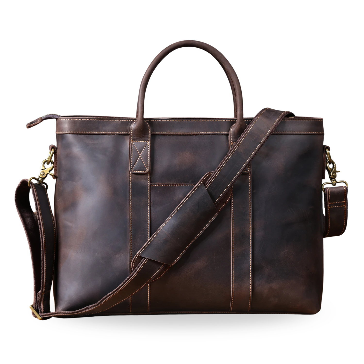 Brown leather bag with a shoulder strap on a white background