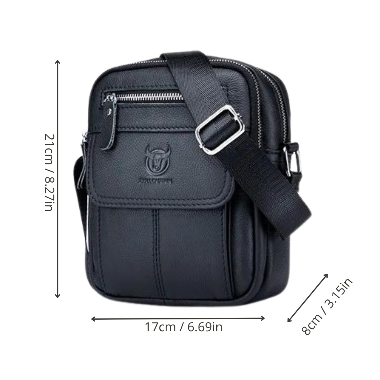 Black crossbody bag with measurements on a white background