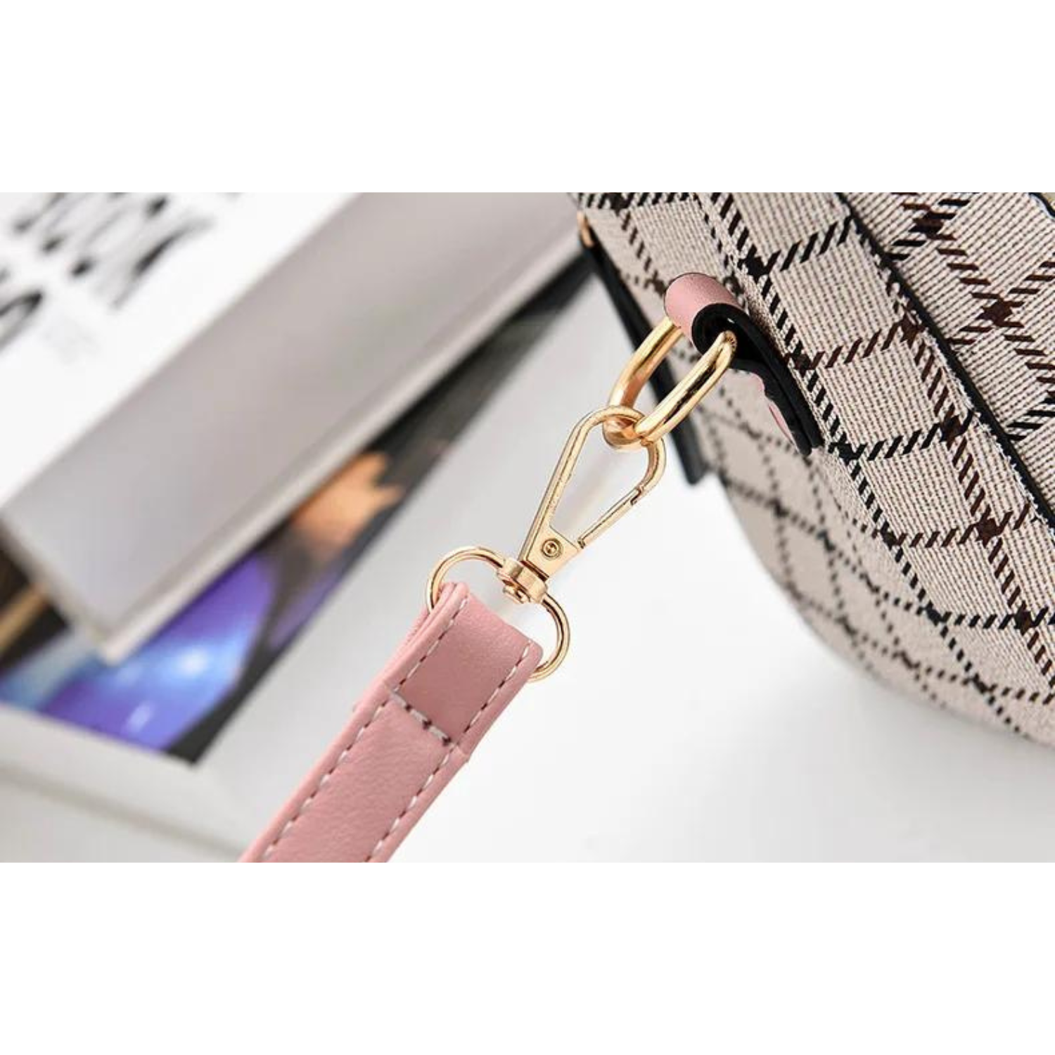 Chic Plaid Pattern Handbag with Charm Accents