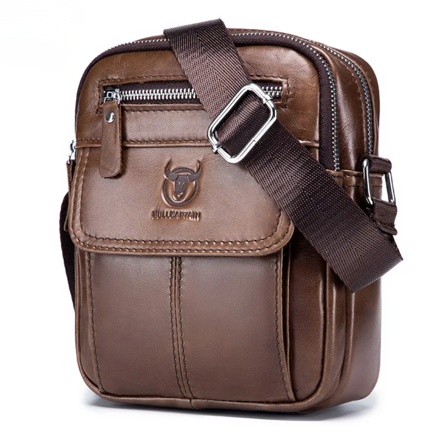 Brown leather crossbody bag with visible brand logo on a white background