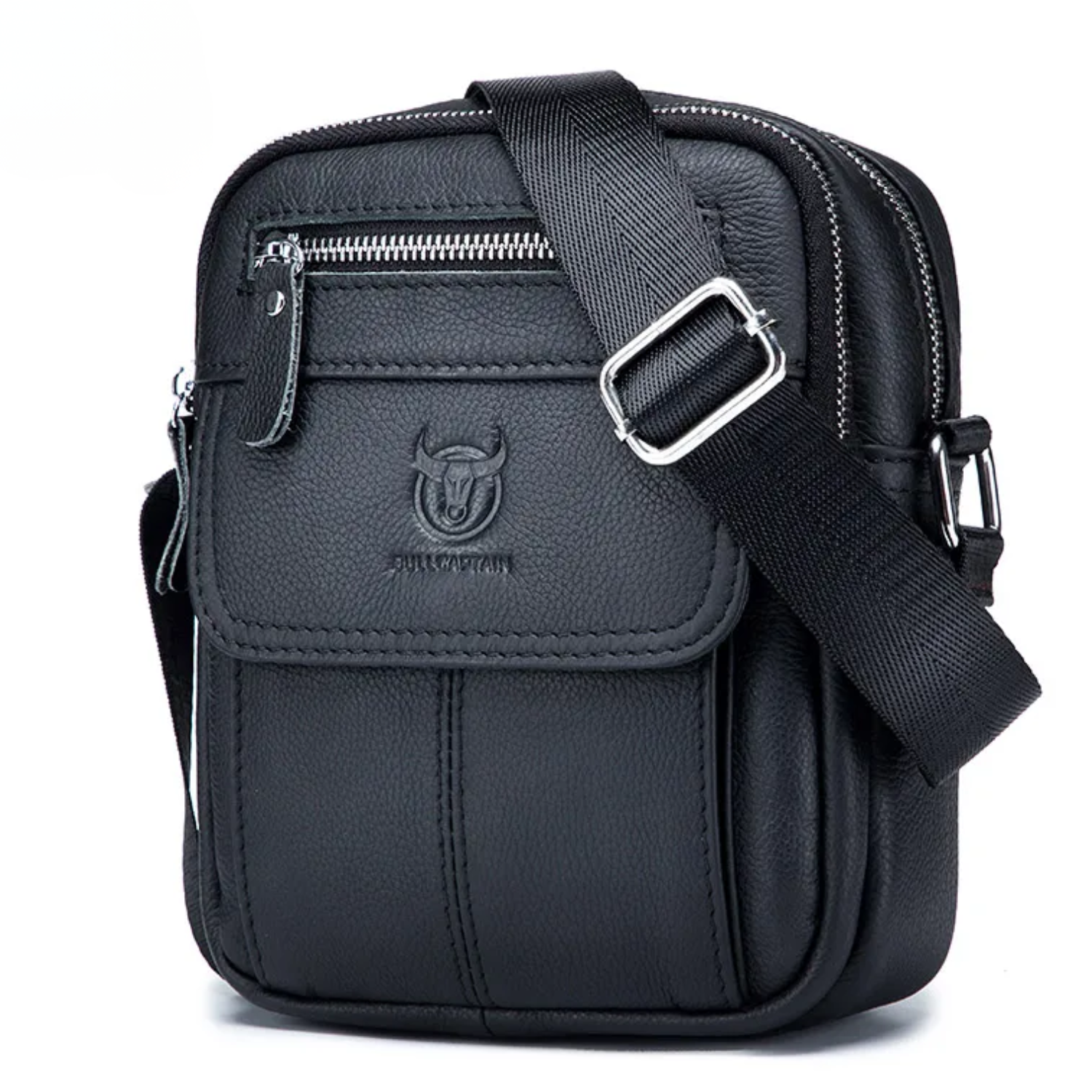 Black leather crossbody bag with visible brand logo on a white background