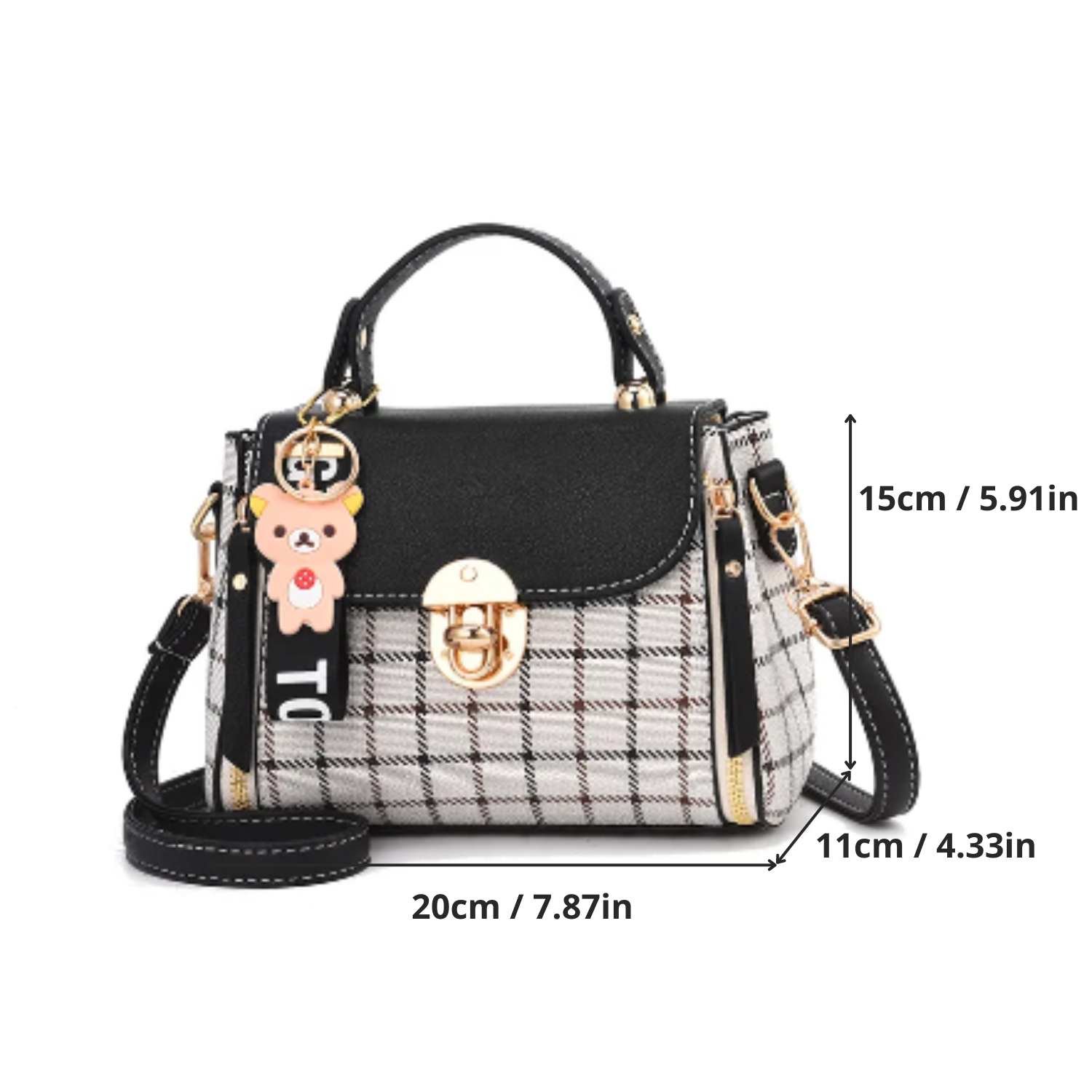 Chic Plaid Pattern Handbag with Charm Accents