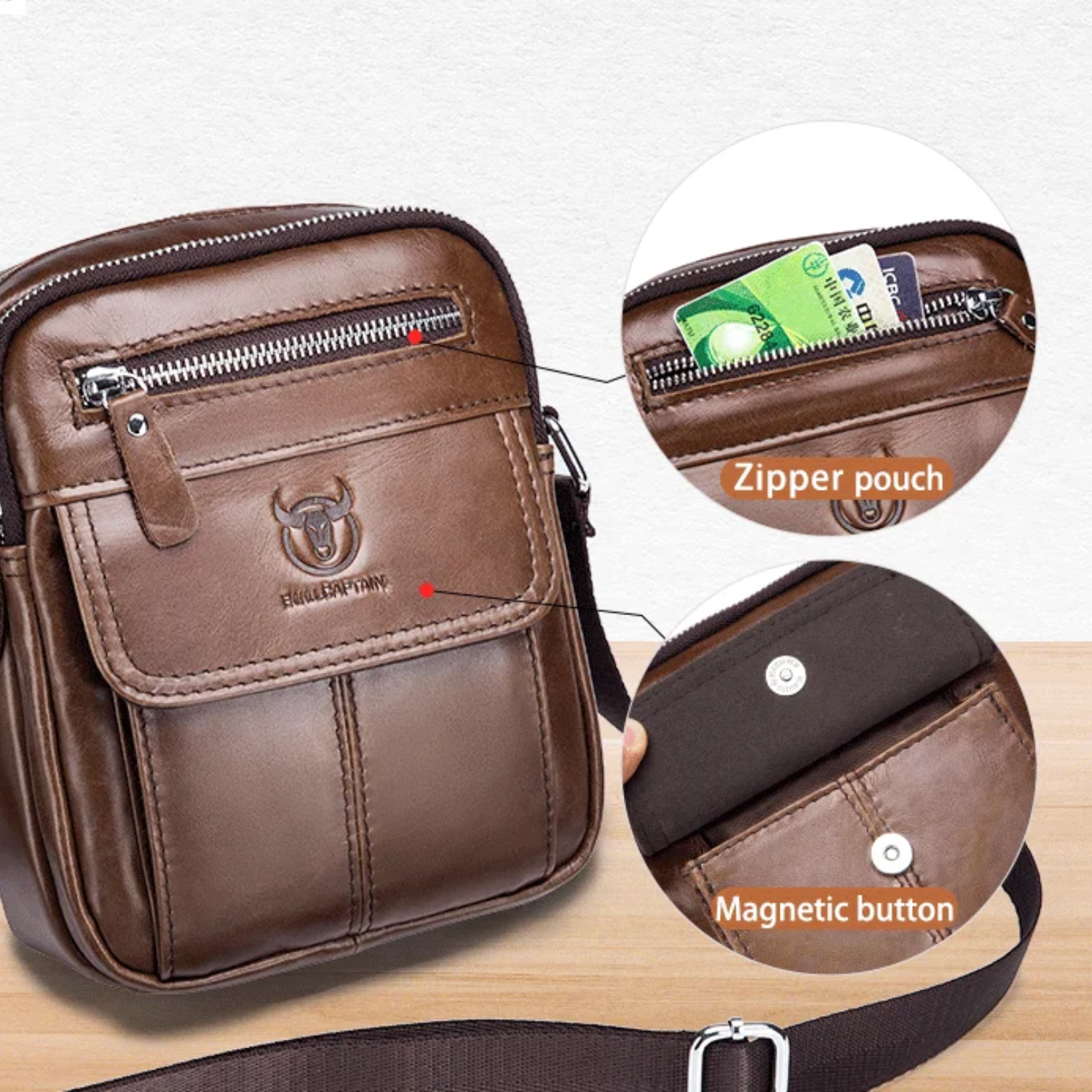 Brown leather crossbody bag with zipper pouch and magnetic button features on a light background