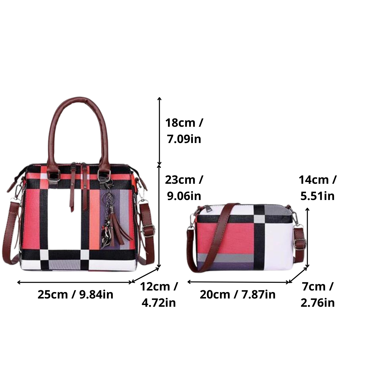 Modern Plaid Handbag Set with Tassel Accents