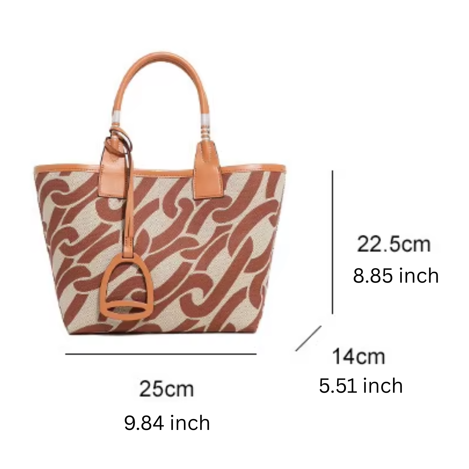 Handbag with measurements on a white background