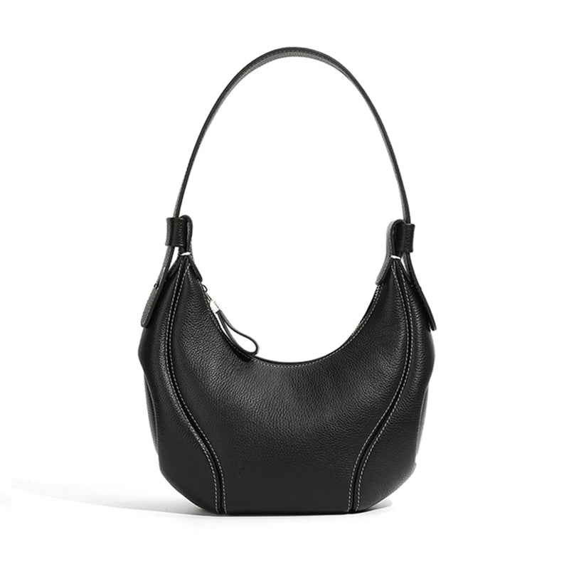 Genuine Leather Luxury Crescent Shoulder Bag for Women - Black