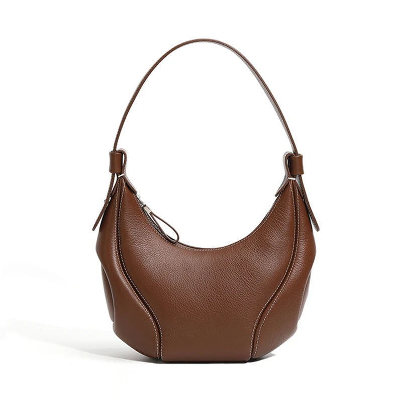 Genuine Leather Luxury Crescent Shoulder Bag for Women - Caramel