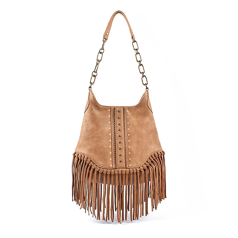 Brown suede handbag with fringe details on a white background