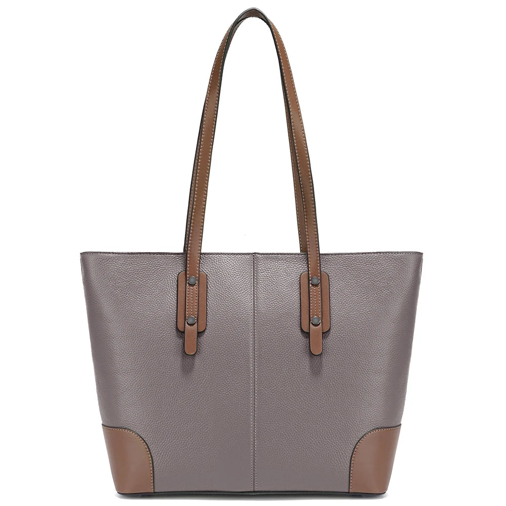 Gray tote bag with brown accents on a white background