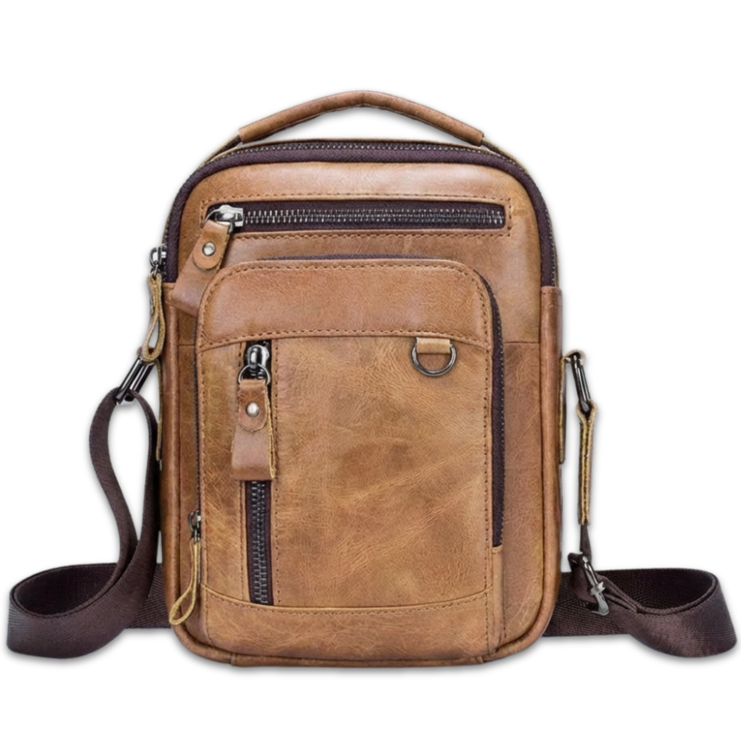 Brown leather crossbody bag with multiple pockets on a white background