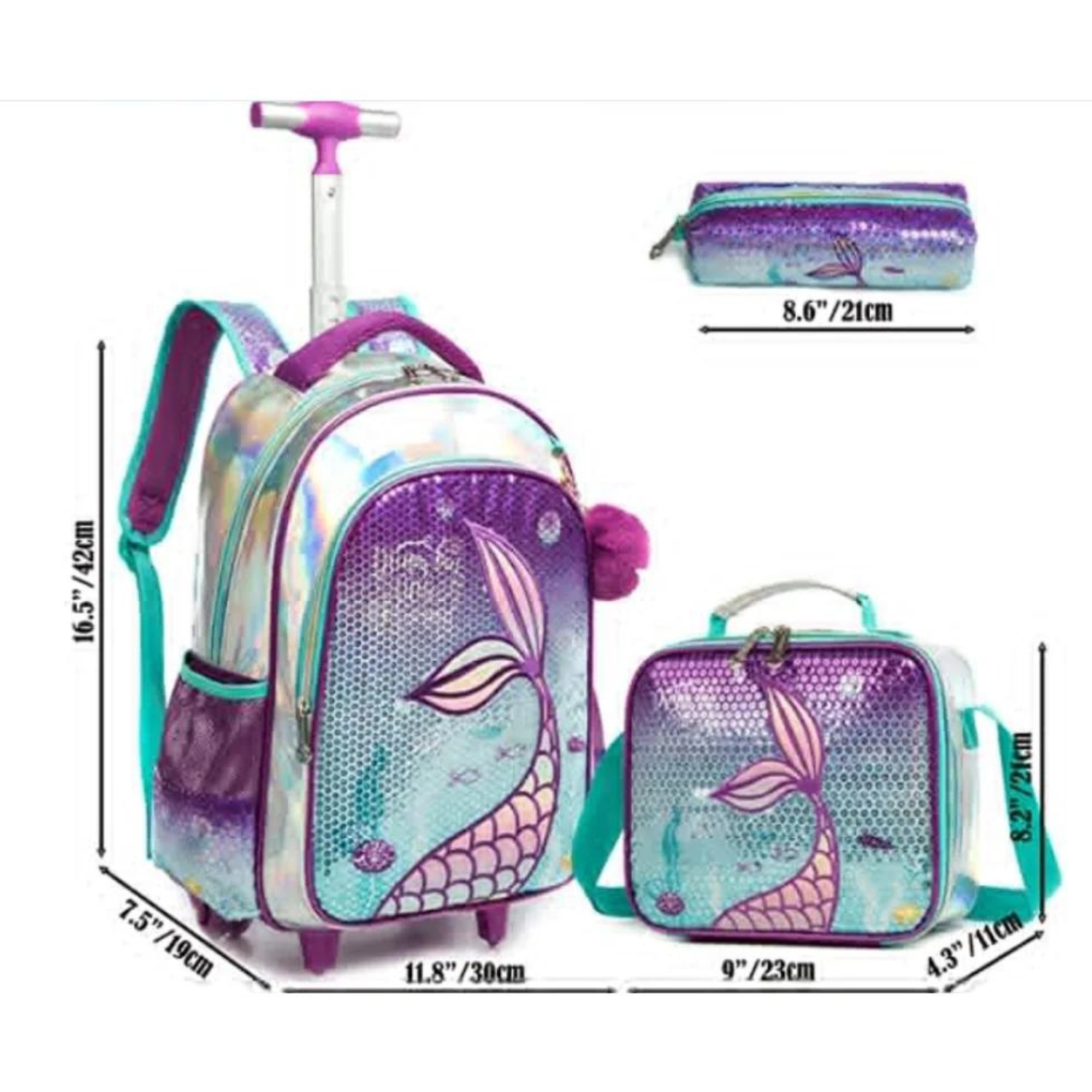Mermaid-Themed Rolling Backpack Set with Lunch Bag and Pencil Case
