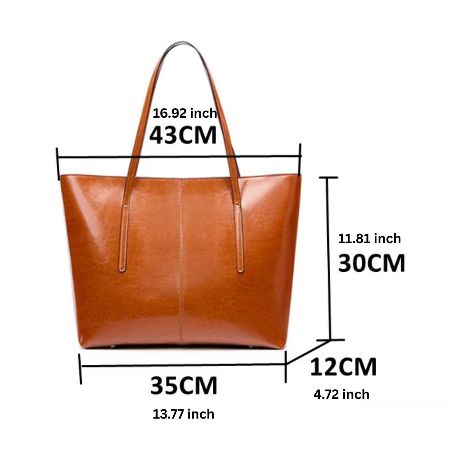 Brown handbag with measurements on a white background
