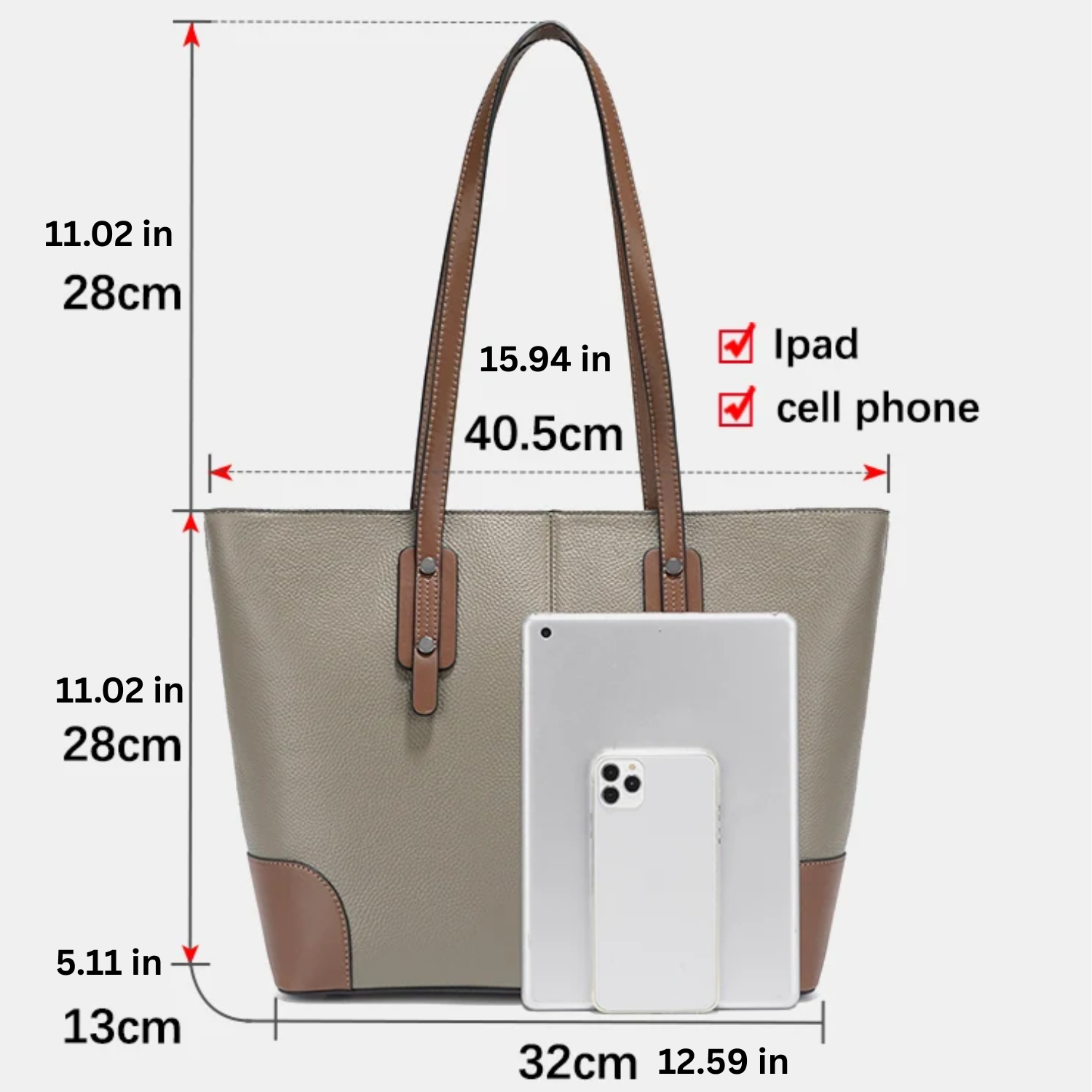 Beige handbag with brown accents and measurements on a white background